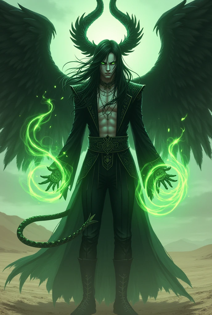 masterpiece, best quality, ultra high res, beatiful, stunning, elegant, incredible details, detailed, aura, flying feathers, (dark green theme:1.1), glowing green eyes, cinematic lighting, ultra-high quality, 8k, full body, man, long flowing black hair, handsome, pale white skin, Black long skirt, (no shirt, abs:1.1), green details, (Dark magical energy enveloping arms:1.4), looking at viewer, posing, charging a green energy with hands, cifer ulquiorra, big claws, (full face black mask with green runes:1.2), (large black seraphim wings:1.3), (angelical black halo on top of head:1.25), (big black demonic tail:1.2), desert background, solo, crazy looking, menacing, (anime style:1.5)