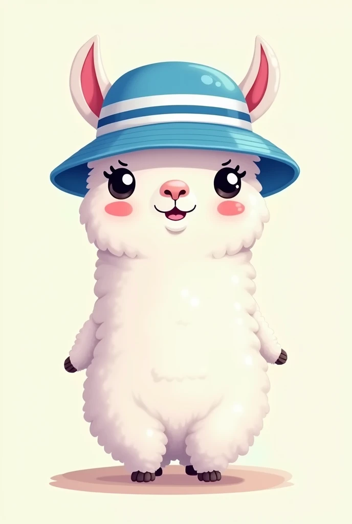 llama wearing a stripped blue and white bucket hat with stripes going vertical and looks cartoonish