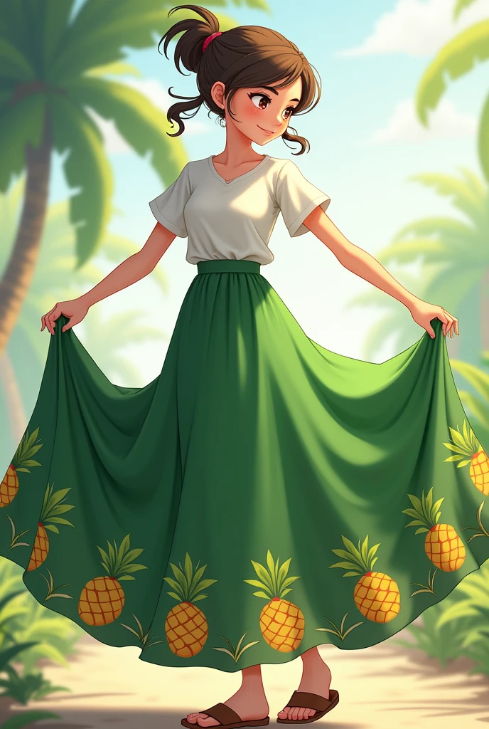 Animated fomix girl with a white blouse and a long green skirt with pineapples and sugar cane on her skirt and her hair tied up and she is extending the skirt with her hands