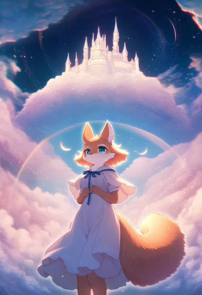 ((Masterpiece)), ((Best Quality)), (Very Detailed), ((Very Detailed)), 4K, (8K), very aesthetic, absurdres highres, 1 man, (anthropomorphic Squirrel, furry, kemono:1.5), In a dreamscape, a female character with fluffy hair and fluffy clothes stands against a pastel-colored background. A mysterious light floats around her, and fluffy animals surround her. It has a fantastic and cute atmosphere. In the background is a castle floating above the clouds and a night sky filled with stars.
