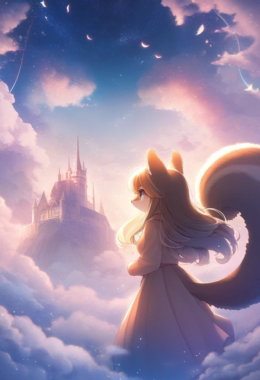 ((Masterpiece)), ((Best Quality)), (Very Detailed), ((Very Detailed)), 4K, (8K), very aesthetic, absurdres highres, 1 man, (anthropomorphic Squirrel, furry, kemono:1.5), In a dreamscape, a female character with fluffy hair and fluffy clothes stands against a pastel-colored background. A mysterious light floats around her, and fluffy animals surround her. It has a fantastic and cute atmosphere. In the background is a castle floating above the clouds and a night sky filled with stars.

