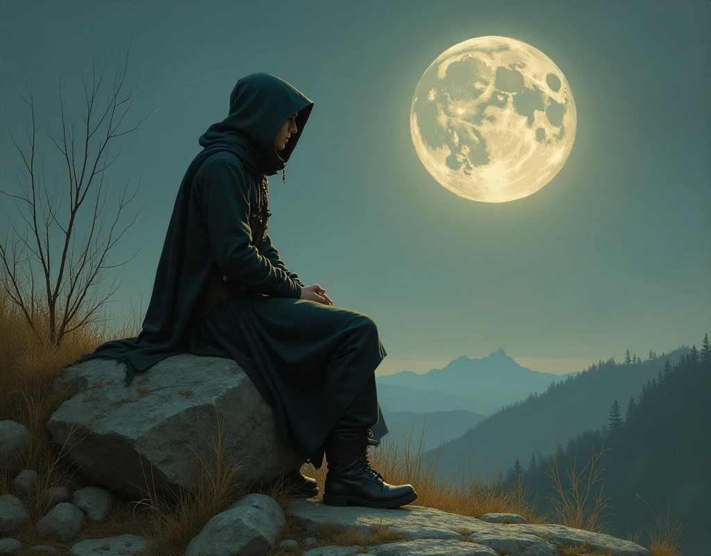 Reminding of the old times. Paint Mixture. There is a full moon in the sky at night.A young man wearing a hood is sitting on a stone