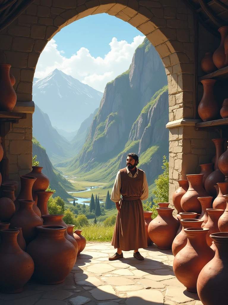Show the picturesque village surrounded by mountains, where everyone knows and respects the artisan Elias. He is working in his workshop, surrounded by the many vases he has created, while his eyes reflect a calm determination. Highlight the simplicity of the environment and the deep connection Elias has with his work.