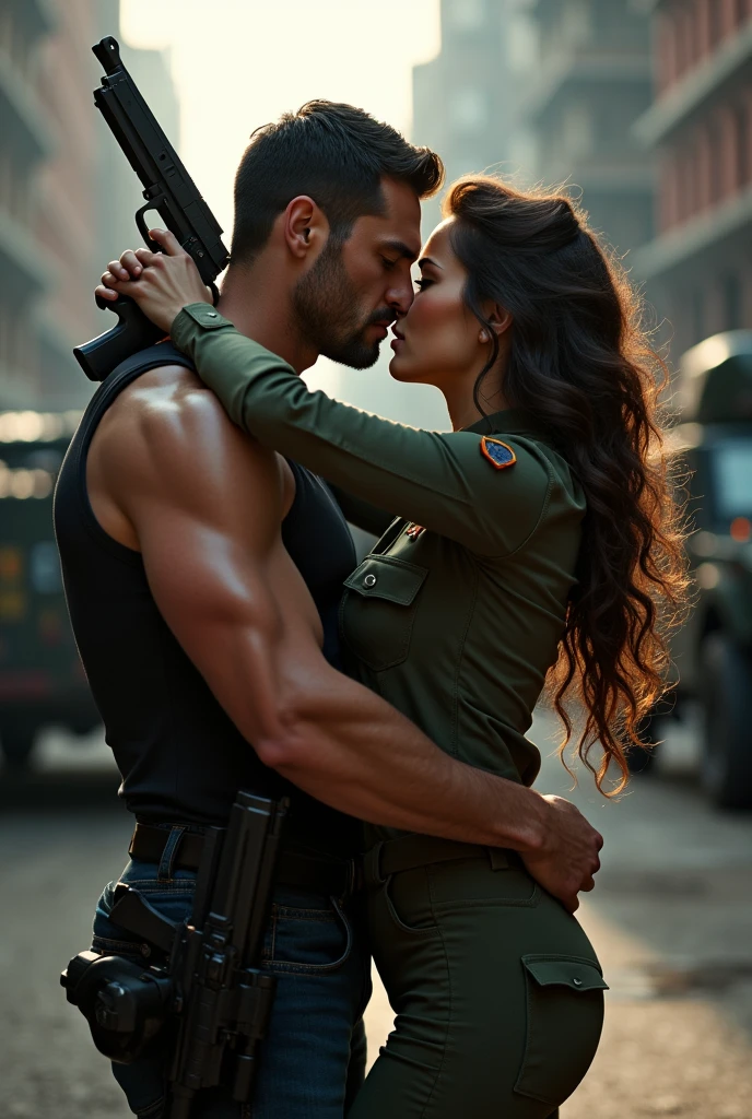 MAN LOOKING LIKE HENRRY CAVIL AND WOMAN LOOKING LIKE MEGAN FOX KISSING. BOTH HAVE WEAPONS . THE WOMAN HAS A MILITARY UNIFORM