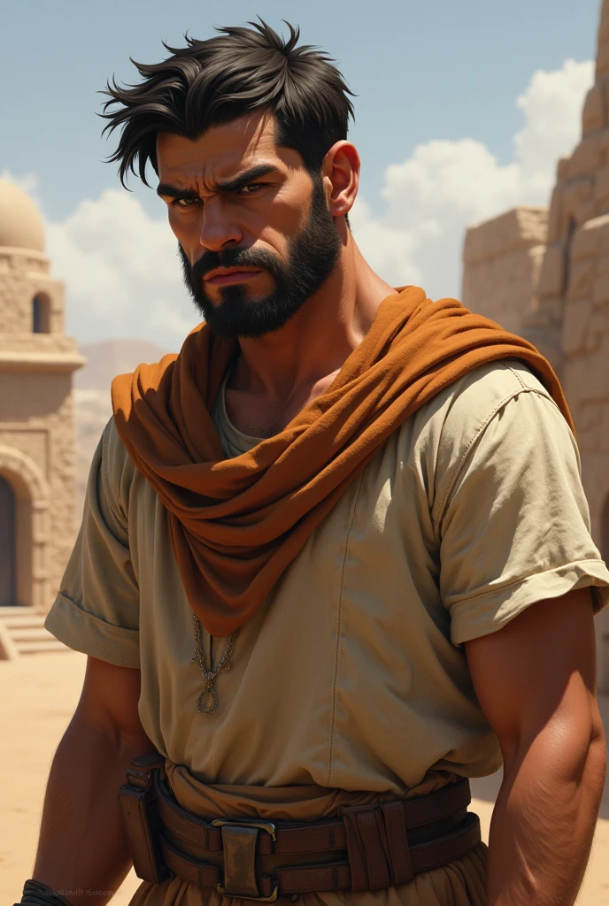 Appearance: A young man, Robust and strong, showing signs of having worked in the fields or with animals.
facial features: square face, with thick eyebrows and a worried expression due to the problem he is facing. He has a short and somewhat unkempt beard..
hair: short and dark, messy with worry and desert heat.
outfit: Wear traditional clothes, somewhat worn out by work, with a leather belt to hold his tunic.