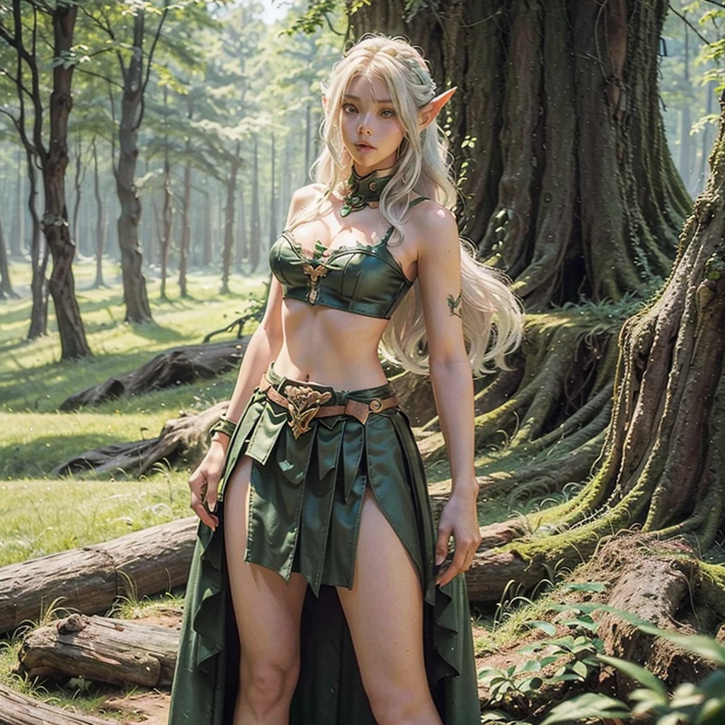 FULL BODY, perfect face, pretty face, elf, 1girl, forest, white hair, viking top braid, green eyes, leather, (skimpy low skirt), bare arms, (bare stomach),  (bare pelvis) , bare arms, short green cloak, dark, gritty