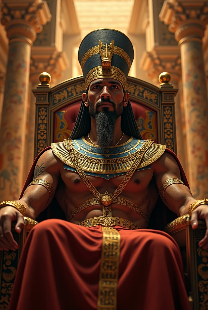 Egyptian king sitting on the throne wearing a rare royal crown