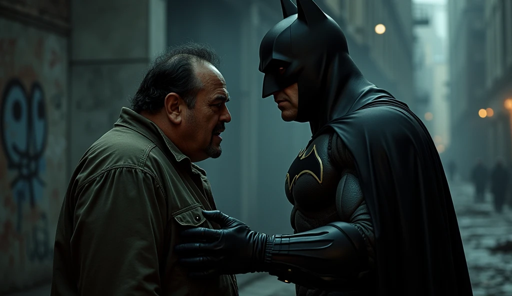 Batman arresting a slightly overweight, unattractive man with Indigenous Latin American features. The man is pleading with Batman not to deport him to his country, his face showing a mix of fear and resignation.