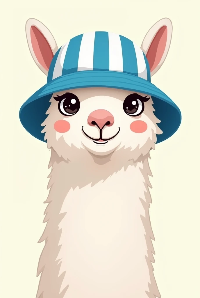 llama wearing a stripped blue and white bucket hat with stripes going vertical and looks cartoonish only neck and up