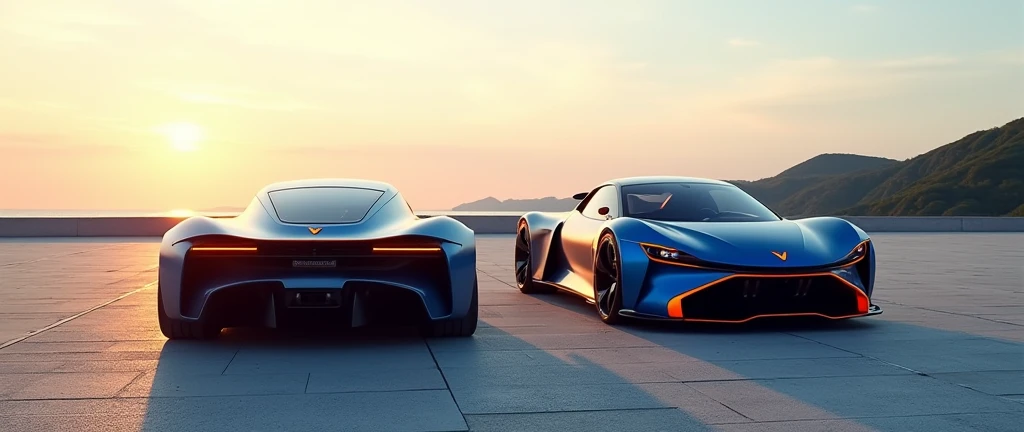 Créer une image HD 16K de haute qualité, ultra réaliste, photo réaliste, plan éloigné, voitures prototypes. Un premier prototype plan de 3/4 avant, berline coupe 2 portes, coffre de type haillon avec becquet arriere orange matte, Feux diurnes LED allumés en forme de demi-flèche se prolongeant sur la longueur calandre et 3 phare carré intégré dans la calandre, grande calandre avant rectangulaire se prolongeant de droite a gauche, effet miroir glosse noir lisse, Fenêtre et lunette arrière sur teintées, intérieur moderne. carrosserie bicolores bleu kobalt métallisé et bas de caisse orange matte, Jantes glosse noires en baton, retroviseur fin orange matte. A côté du premier prototype, un second prototype vu de 3/4 arriere, carrosserie bicolores bleu kobalt et bas de caisse orange matte, coffre de type haillon, feu arriere led en forme de demi flèche se Prolongeant sur longeur haillon, becquet arriere orange matte, fenetre sur teinté, jante glosse noir en baton, retroviseur fin. Positionner sur immense esplanade en pavé, de jour, Reflets de la lumière du soleil levant sur carrosserie, ciel bleu avec nuage epars . Logos en forme de V sur calandre avant et sur haillon arriere. Sur haillon ecris "VECTOR" en noir.