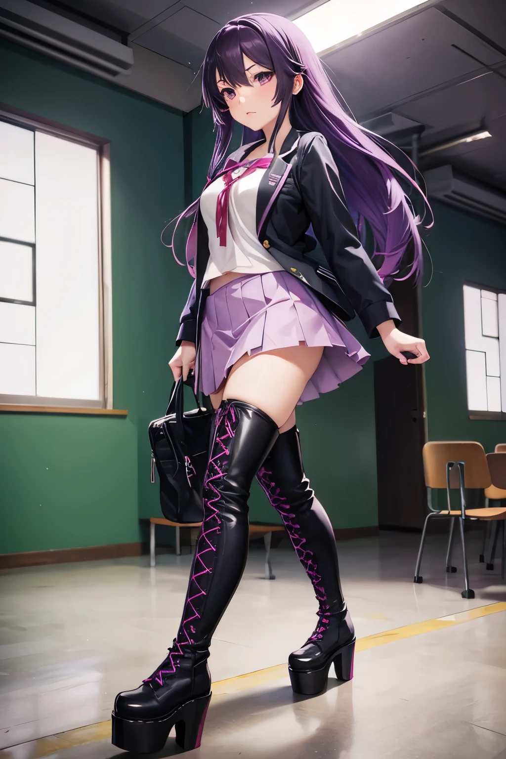 Hitagi senjougahara, anime girl, girl, purple hair, school, school uniform, classroom, boots, thigh boots, platform boots, lace up boots, black boots, high heels, walking