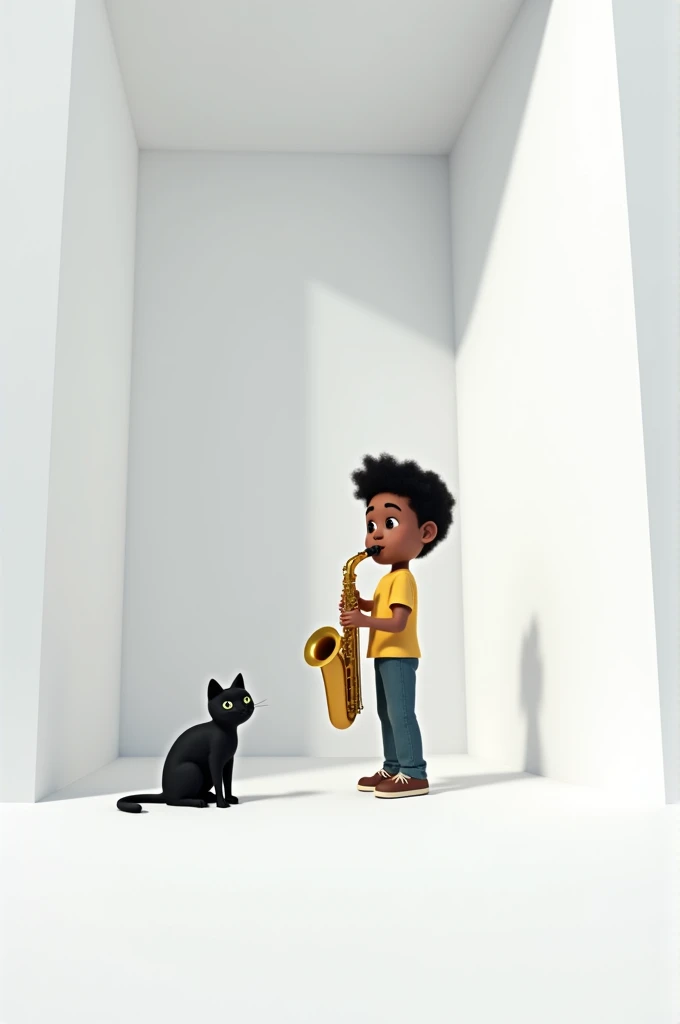 Young non-black saxophonist in a white square panoramic shot with a black cat