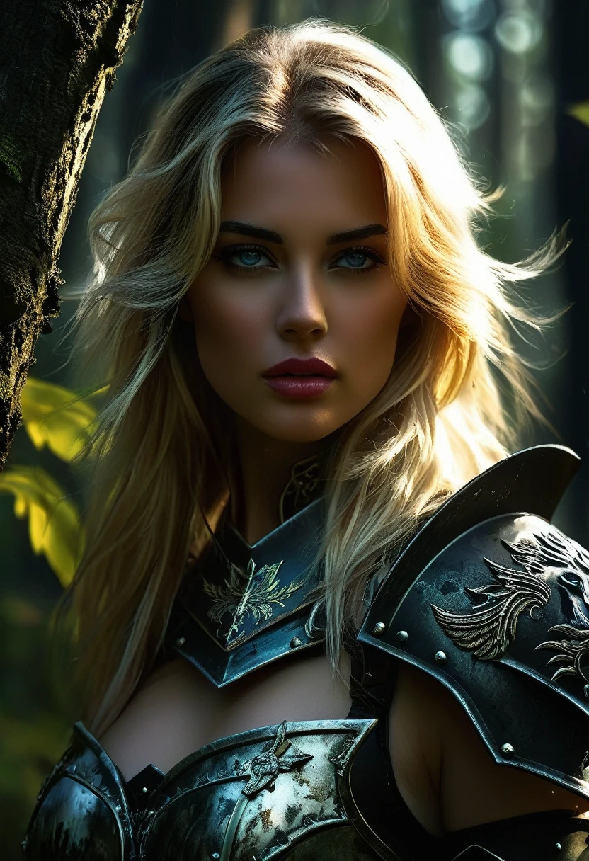 beautiful slender young blonde woman in tattered fantasy armor with exposed chest, dark forest, UHD, bloom, black atmosphere and dark shades, blacke haze, cinematic lighting, highly detailed, full quality, sharp focus, very intricate, generative artist, illustration, volumetric lighting, epic Composition, professional ominous concept art, by artgerm and greg rutkowski, an intricate, elegant, highly detailed digital painting, concept art, smooth, sharp focus, illustration, in the style of simon stalenhag, wayne barlowe, and igor kieryluk.