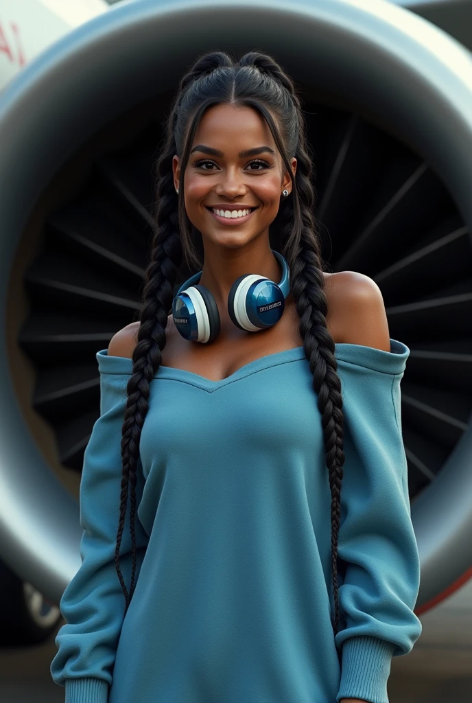 (photorealism: 1.2), hot brazilian sexy girl in sexy dynamic pose. raw portrait photography, hyper realistic and detailed face, complex and realistic skin texture, hot body, athletic body, smiling, long black hair with a braid, dressed with a long sweatshirt blue in front of the turbo jet engine of an airplane with headphones on her ears