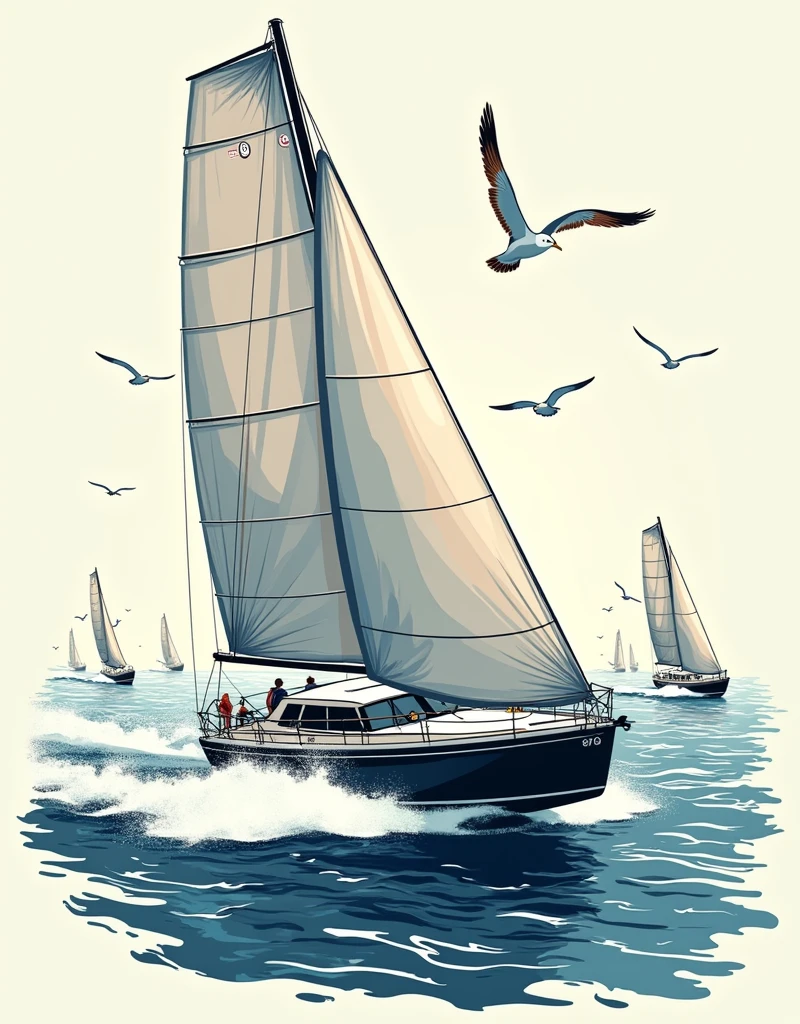 Design a dynamic and energetic regatta scene, with a sleek racing sailboat cutting through the waves at high speed. The boat's sails are taut, capturing the wind with precision, and marked with racing numbers or insignia for added authenticity. The water beneath churns with sharp, crisp lines to indicate speed and power, with splashes of ocean spray rising against the hull. In the background, hints of other sailboats competing on the horizon can be seen, their sails angled competitively. Above, a few seagulls soar, adding a sense of motion and adventure. The overall design should convey the intensity and excitement of a regatta, with clean, sharp lines suitable for a bold, one-color screen print.