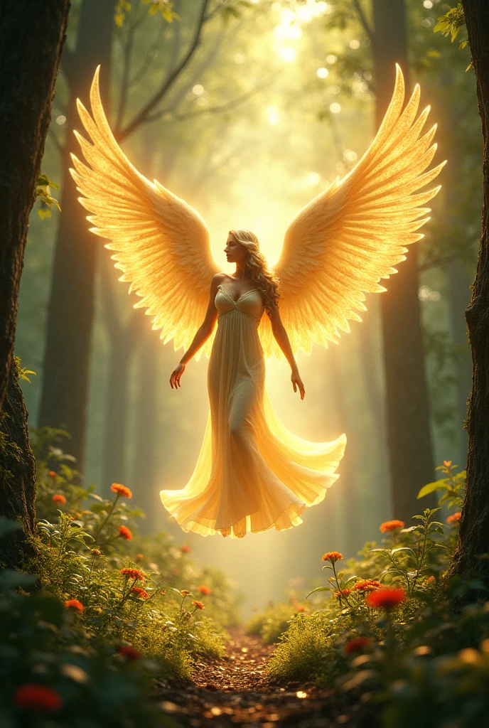 An angel appearing in the forest with golden wings