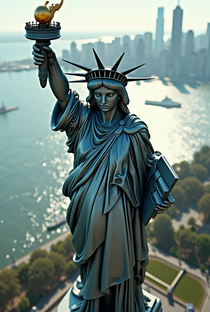  "Capture a breathtaking aerial view of the Statue of Liberty reimagined as a colossal, high-tech robot sentinel. Seen from above, her towering robotic form dominates Liberty Island. The iconic torch is now a glowing energy cannon, and her crown is fitted with futuristic sensors and antennas, all connected to a global network. The statue’s body is armored with sleek, metallic plating, featuring visible circuits and wires. Her robotic face, a blend of human and machine, gazes out over New York Harbor. The city skyline in the distance reflects her metallic sheen, creating a dramatic contrast between the old world and this advanced sentinel. The scene is set against the shimmering waters surrounding the island, with the intricate details of her robotic form captured in the top-down view.