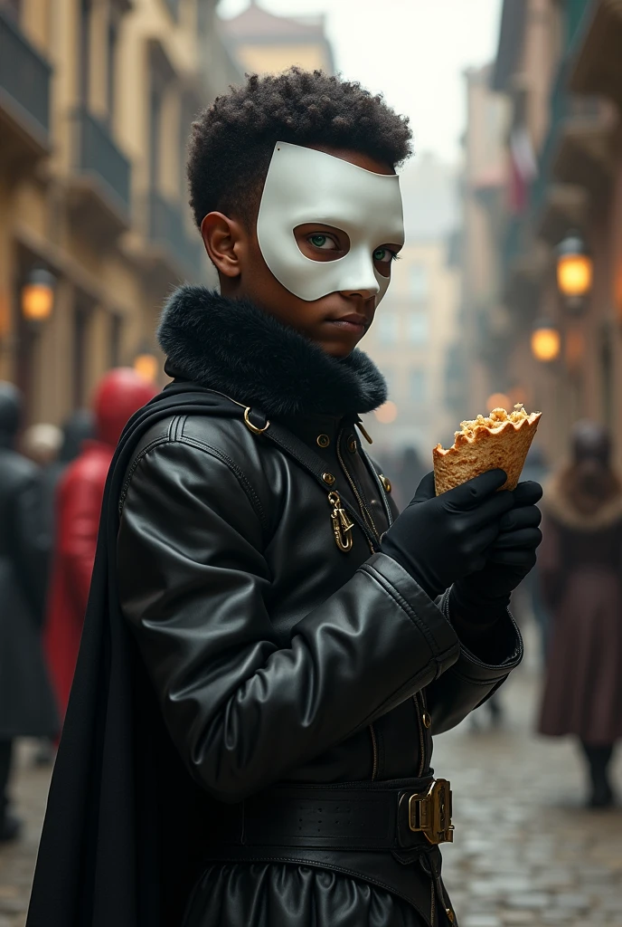 At a masquerade party in the medieval city, a black boy, with green eyes, short afro hair, with face white mask without a mouth and nose, in beaten leather, with ??? gloves, and furry boots, holds his snack