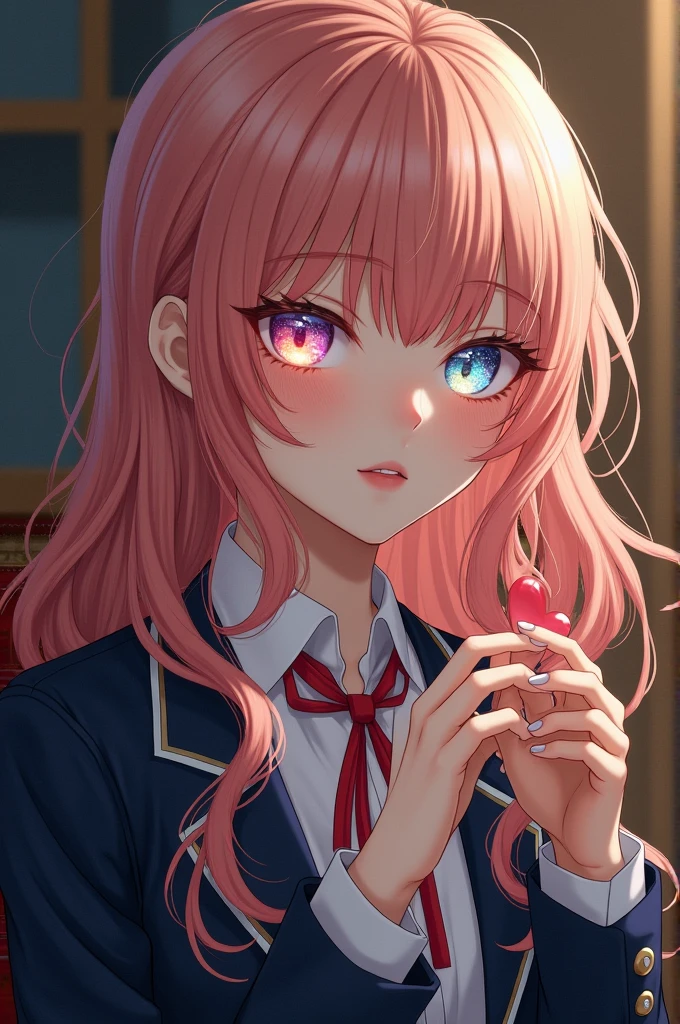 She has very long wavy peach colored hair very low, Her eyes are light pink with blue and yellow sparkles and she has a heart ring on her fingers., She is wearing the UA uniform and is sitting on a chair.