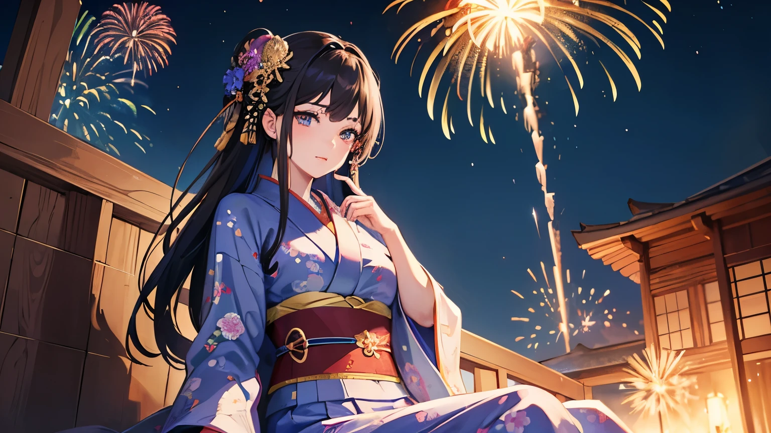 masterpiece,highest quality,(((Super Detailed Woman1))),Super detailed face,Super detailed eye,yukata,Sitting,day time,Fantasy,Calm,nebula,8k High resolution,(((firework))),vibrant colors,