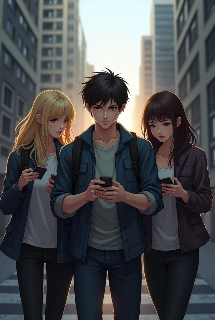 A man with short hair and 2 women, one blonde and one brunette, are investigating and they are standing with their cell phones in their hands in the middle of the street.