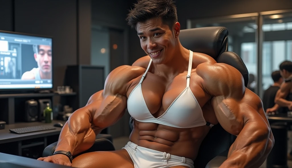  A gigantic, extraordinarily muscular bodybuilder woman, enormous biceps, immense chest muscles, heavily defined legs, veins visible across her physique, shredded abs, huge triceps, gigantic breasts, her body is incredibly muscular and imposing, 2, from Japan, with a powerful and intense gaze, dark brown eyes, and a cheeky grin, her short, spiky black hair styled in a trendy fashion, seated at a high-end webcam station in a sleek, contemporary studio, wearing a provocative, tight, white leather bustier and matching shorts, highlighting her muscular physique, the background features modern, minimalist decor with a large monitor showing live interaction, her skin glistening with sweat. She leans forward with an inviting smile, saying, "Want a closer look at true muscle power? Keep watching, and I’ll show you exactly what strength means to me!"