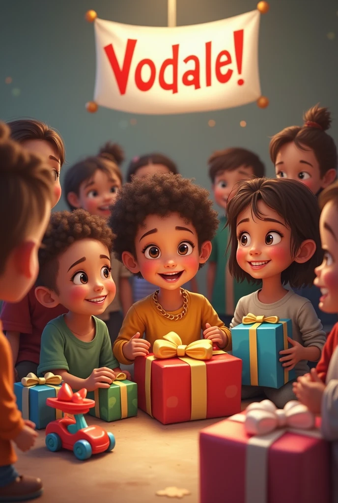 Create an image of happy low-income children receiving toys with a logo that says "VoDale!"

