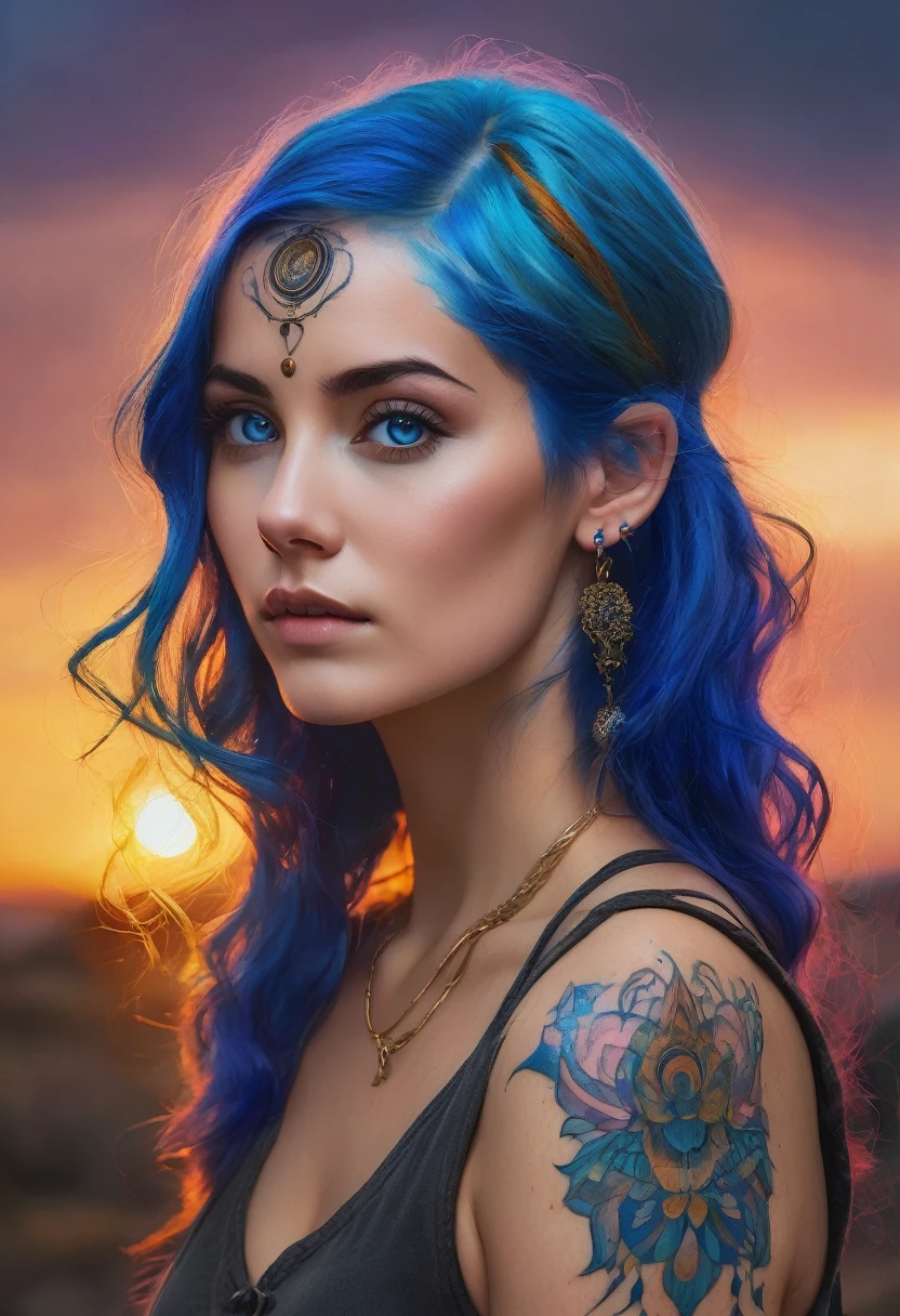 A captivating portrait of a young woman with electric blue hair and intricate tattoos adorned across her arms, gazing intently upwards and to the right, her neutral expression hinting at a thoughtful or contemplative demeanor. The scene is set against a backdrop of twilight, with a vibrant sunset casting warm, golden hues and creating a sense of mystery and intrigue. The woman's piercing blue eyes seem to hold a world of secrets, inviting the viewer to delve deeper into her story.