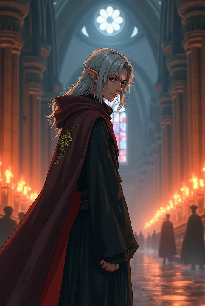 A young male elf with a bitter countenance, with long-length silver hair that shines in the moonlight, wearing dark-colored monk robes and a small drawing of a phoenix on his long brown cape, helping a sick person inside of a large medieval temple, lit by torches and red candles. Anime art style.
