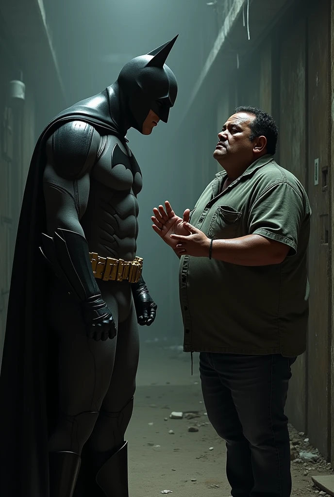 Batman arresting a overweight, unattractive man with Indigenous Latin American features. The man is pleading with Batman not to deport him to his country, his face showing a mix of fear and resignation.