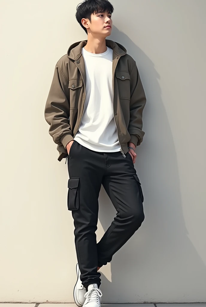 A 20-year-old man with his back to the wall leaning on one of his legs, one of his hands is in his pocket, he is wearing white Nick sneakers, black cargo pants, white t-shirt with jacket over it and his hair is up to his ear