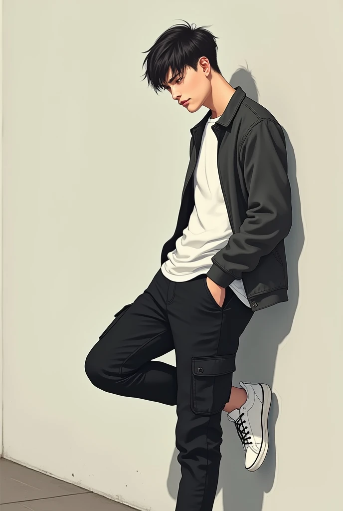 A 20-year-old man with his back to the wall leaning on one of his legs, one of his hands is in his pocket, he is wearing white Nick sneakers, black cargo pants, white t-shirt with jacket over it and his hair is up to his ear