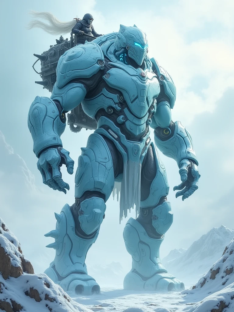 A man deformed into a humanoid ice mutant, wears a shiny ice-themed armor filled with tubes. He is very tall, 2.10 meters, ((has a device on his back similar to a backpack, a person on his back)) his companion, who fights on his back while he is trapped on his back