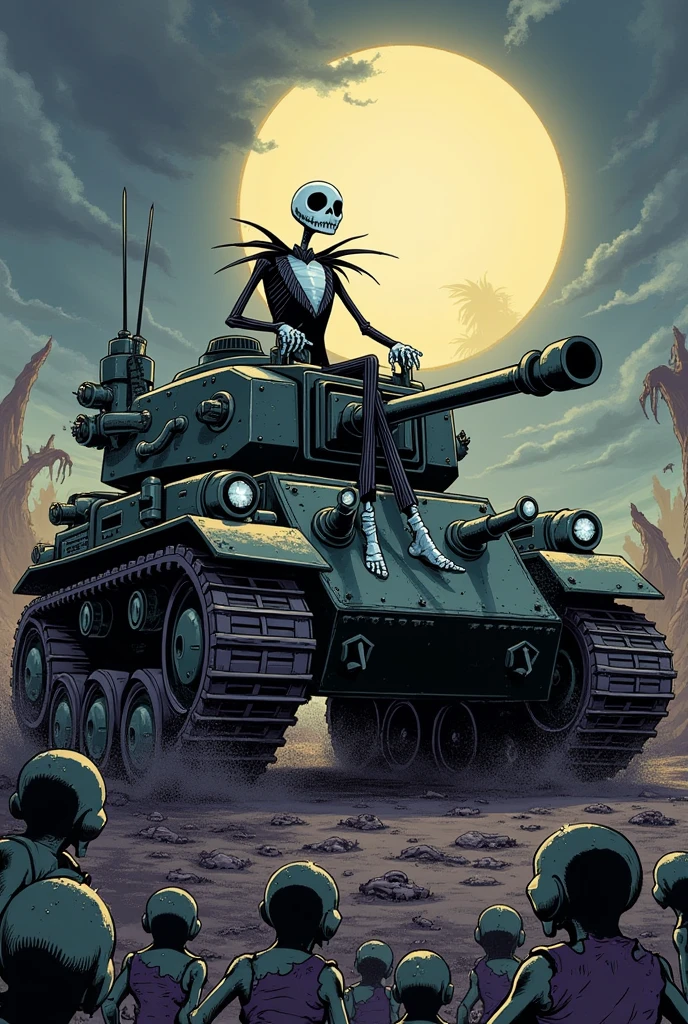 Jack Skellington cartoon driving war tank
