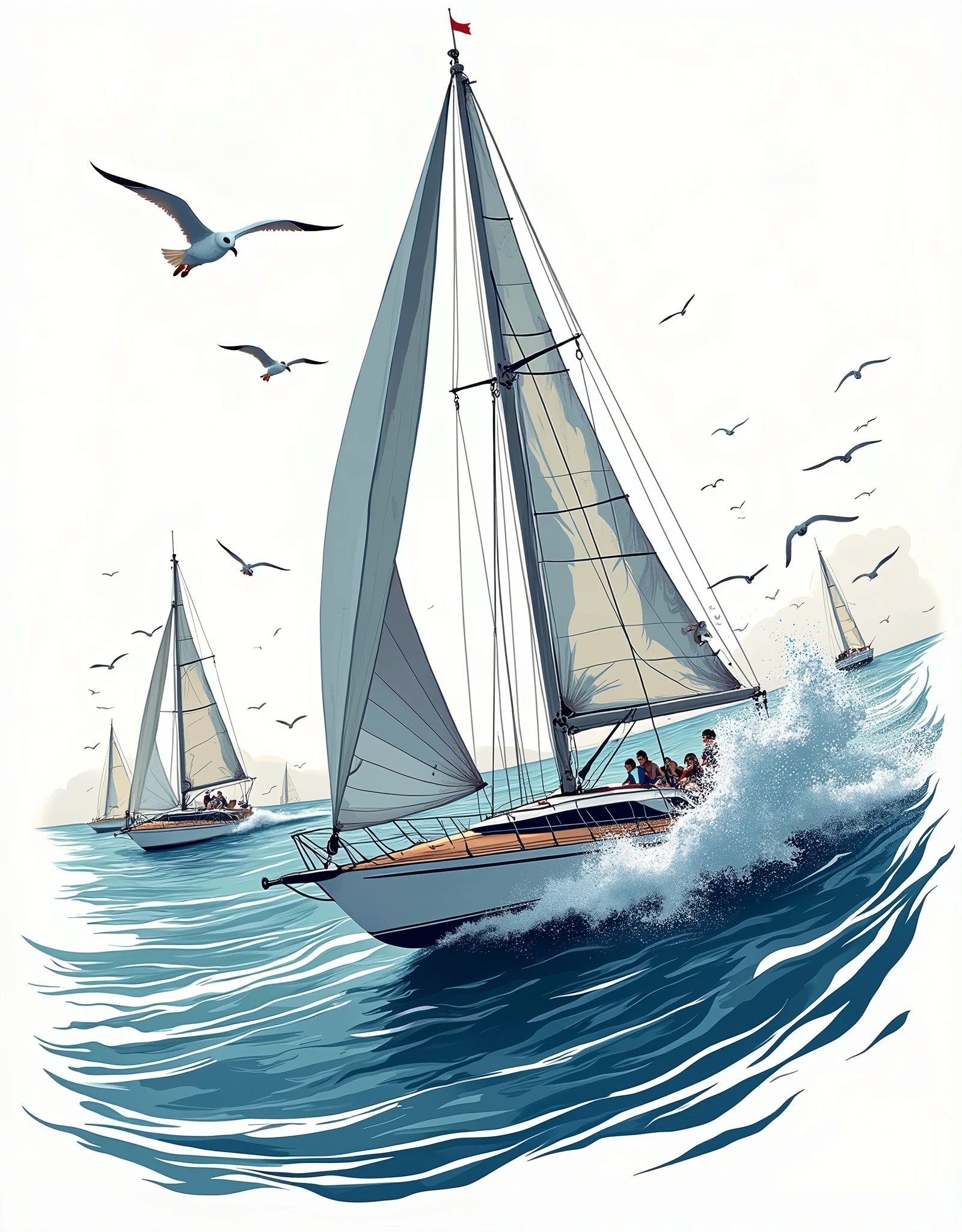 Design a dynamic and energetic regatta scene, with a sleek racing sailboat cutting through the waves at high speed. The boat's sails are taut, capturing the wind with precision, and marked with racing numbers or insignia for added authenticity. The water beneath churns with sharp, crisp lines to indicate speed and power, with splashes of ocean spray rising against the hull. In the background, hints of other sailboats competing on the horizon can be seen, their sails angled competitively. Above, a few seagulls soar, adding a sense of motion and adventure. The overall design should convey the intensity and excitement of a regatta, with clean, sharp lines suitable for a bold, one-color screen print.