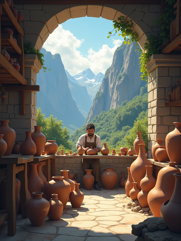 Show the picturesque village surrounded by mountains, where everyone knows and respects the artisan Elias. He is working in his workshop, surrounded by the many vases he has created, while his eyes reflect a calm determination. Highlight the simplicity of the environment and the deep connection Elias has with his work.