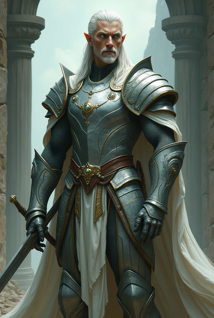 DeD character a 2m tall male warrior elf with a large sword, Soft silver armor and silver sword with leather and shiny details, a bright on the cheek green eyes symptomatic