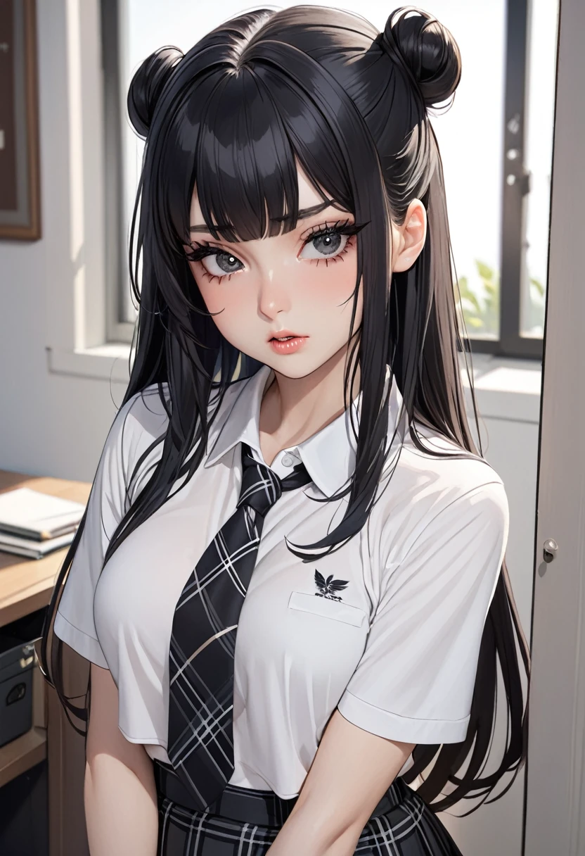 ((best quality)), ((Masterpiece)), (details), Young woman, alone, (Medium bust, black hair, black eyes, ((long hair, buns)) ,(Bangs),Hip fart,Long eyelashes,Thick eyelashes) , ,white polo, tie, black plaid skirt, school