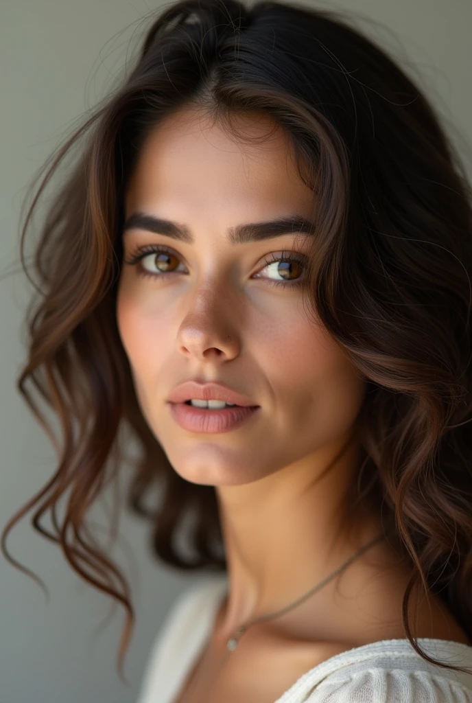 Ultra realistic photo portrait of a brunette with wavy hair, Middle Eastern features, subtle natural makeup, smooth complexion, soft expression, meticulously detailed, highly detailed, 4k, high resolution, professional photography
