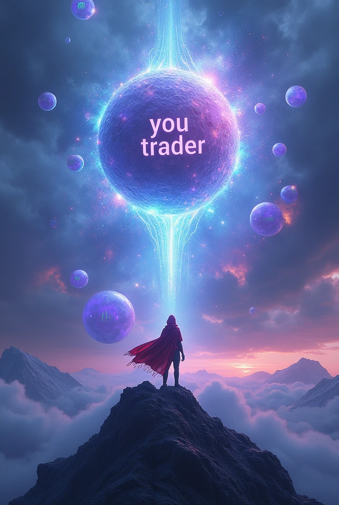Universe nebula with massive sphere in the blue center with the word YOU TRADER in the center of the sphere and blue rays coming out of the sphere and with a man with a big red wind scarf looking up ,on top of a mountain and sphere exploding with a lot of energy with small transparent purple bubbles with green column graphs inside the bubbles