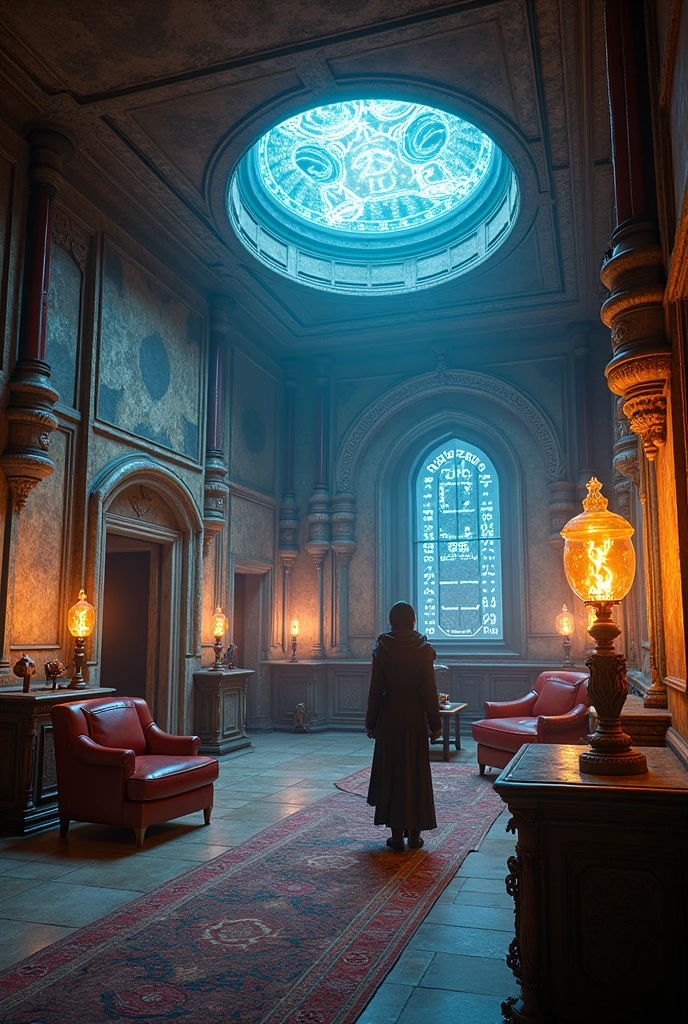 Home interior mixing cyberpunk style with medieval fantasy style

