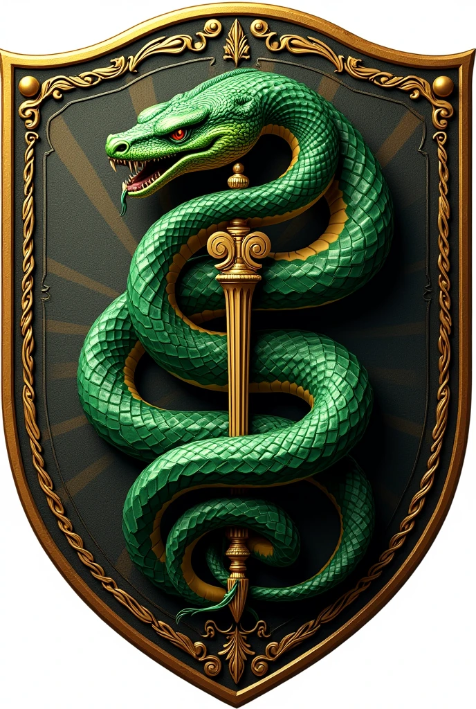 Create a PNG Shield Logo, Heraldic Coat of Arms Rod of Asclepius (can't have wings)
Aggressive snake Shades of green and gold