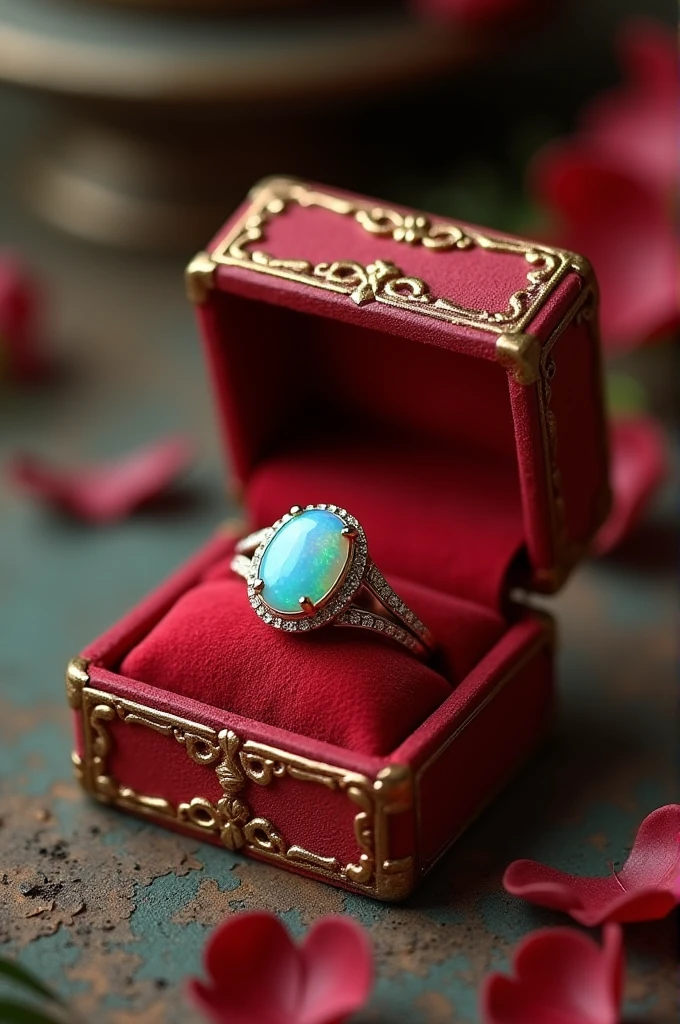 Antique style romance book shaped engagement ring box, red and gold colored. that the title of the book is "eternity with you"

The closed box and another one where it is open, showing a ring with an opal jewel 