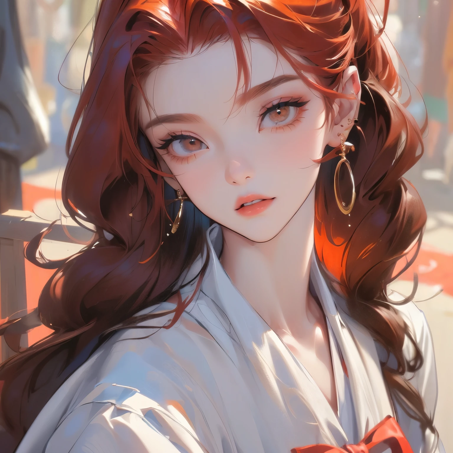 (portlate:1.4), (masterpiece:1.2, top-quality:1.2), From above, The upper part of the body, 1girl in, look up to, sface focus, extra detailed face, extremely detailed eye, goodlooking, make - up, Fingers on lips, Lunette de soleil, Fashion Wear, large earring,red color hair Fashionable