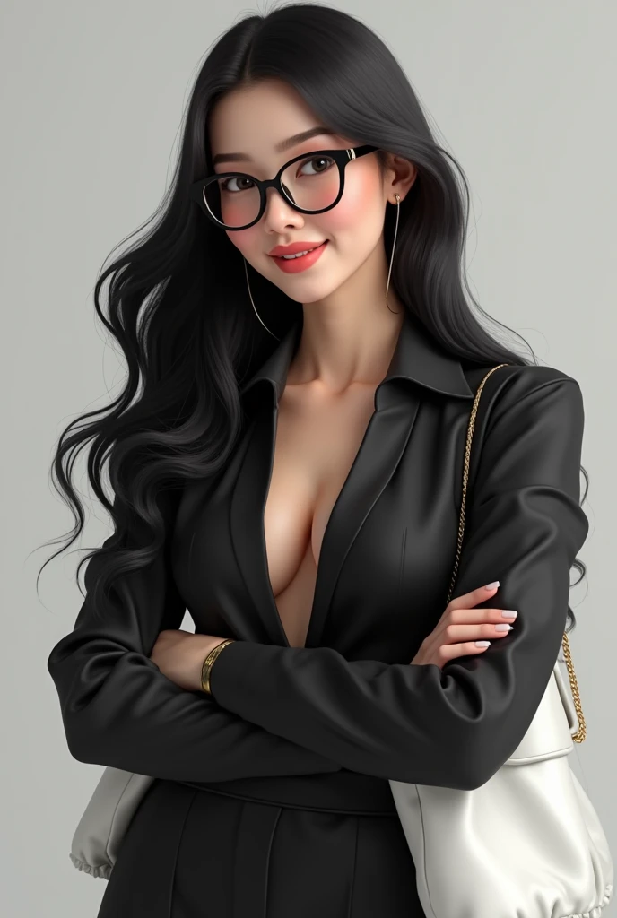 woman long black hair glasses smile black clothes with white decent 3d full body