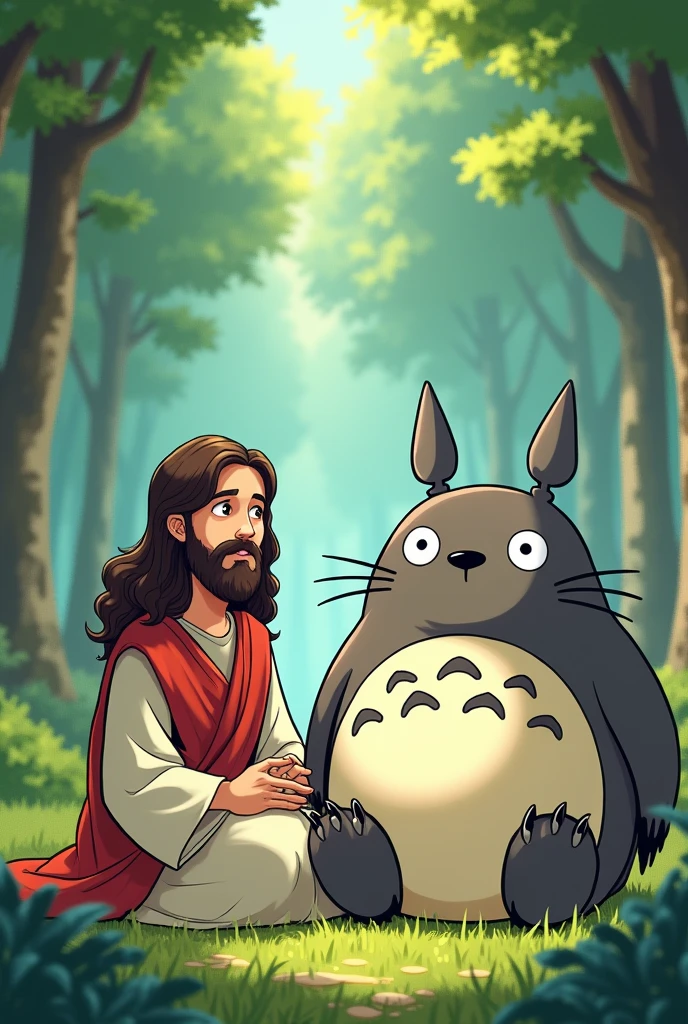 Make me Jesus with Totoro from the movie My Neighbor Totoro cartoon format