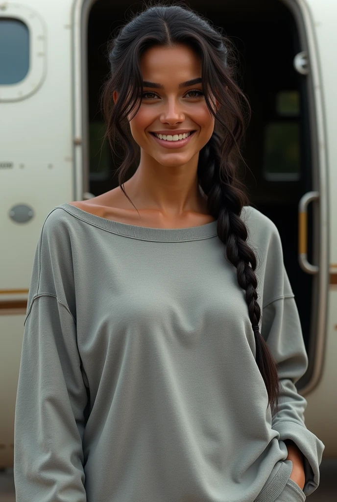 (photorealism: 1.2), hot brazilian sexy girl in sexy dynamic pose. raw portrait photography, hyper realistic and detailed face, complex and realistic skin texture, hot body, athletic body, smiling, long black hair with braid, dressed with long sweatshirt in front of the plane door