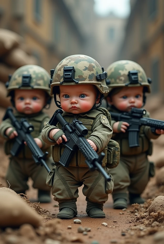 Cute newborn baby with serious face like army soldier with newborn babies wearing army clothes and tactical helmets having military communication devices and carrying light and medium weapons riding in military transport truck in real life realistic