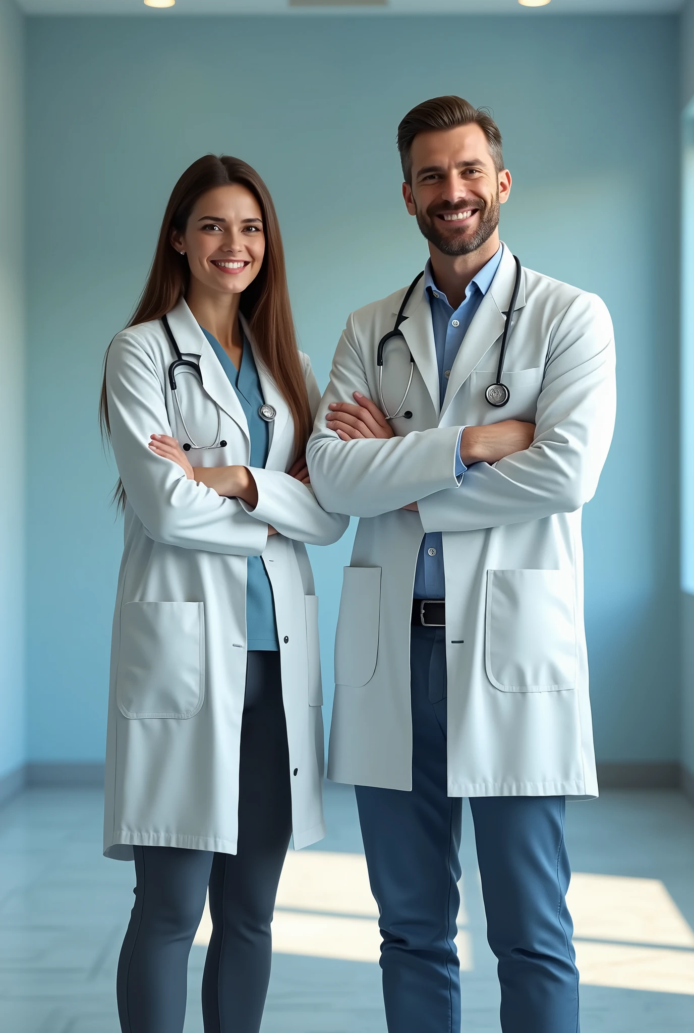 (photorealism:1.2), beautiful female radiologist, standing confidently in a pleasant blue an grey backgound, wearing a tailored white lab coat, long straight hair,  standing next a male radiologist, welcoming personality, wearing tailored white lab coat, indoors, soft lighting, realistic, intricate details, soft cold colors