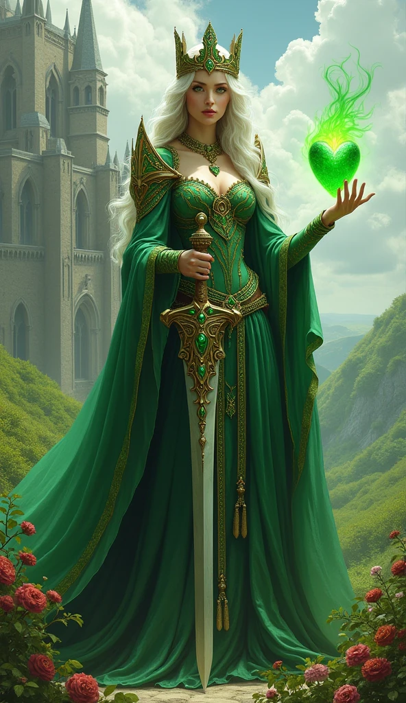Imagine a majestic queen with green eyes. It stands against the backdrop of a magnificent kingdom with a castle and towers., surrounded by green hills and blooming gardens. In one hand, the queen holds a sword with exquisite green patterns., sparkling on the blade. And in her other hand she holds a heart., from which a green flame emanates, symbolizing strength and courage.